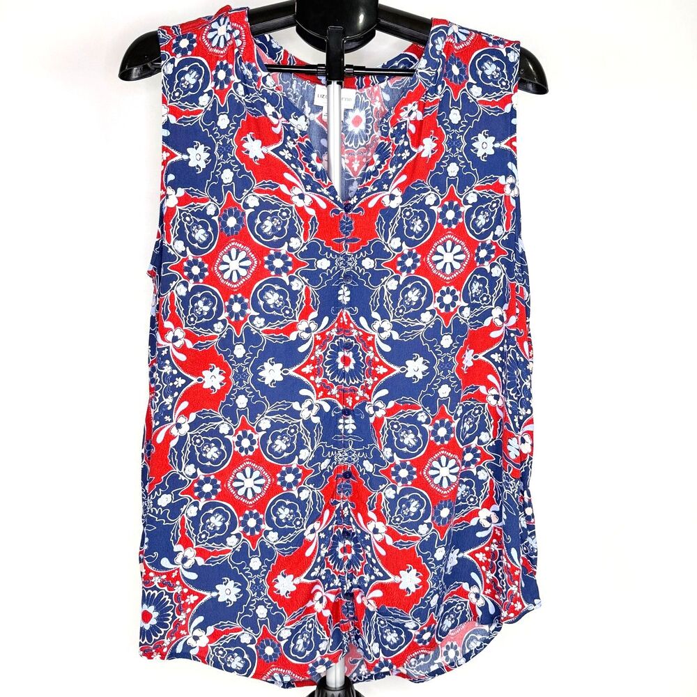 Liz Claiborne XL Sleeveless‎ Red White Blue Geometric Print Button V Neck Blouse